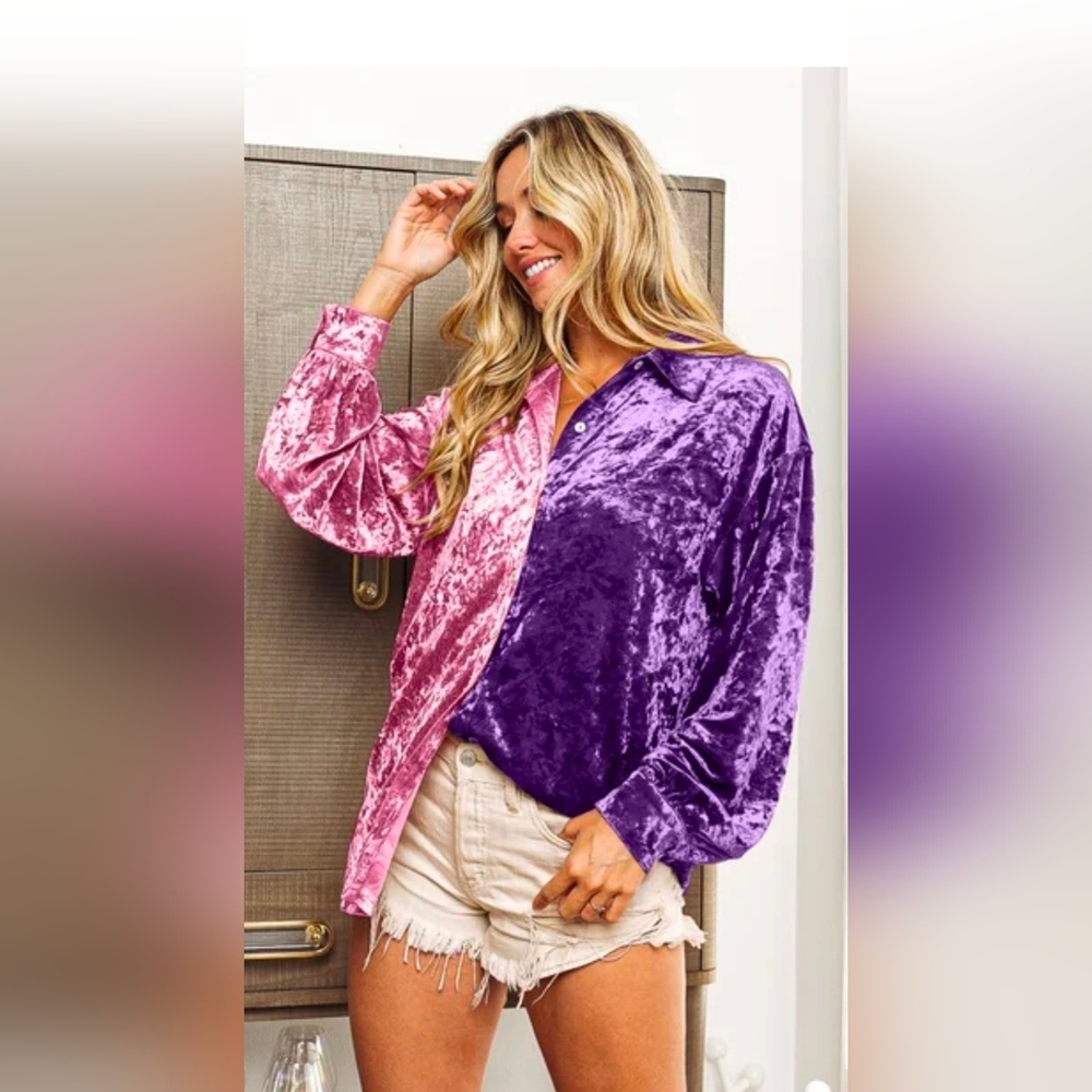 BiBi Velvet Two-Tone Button-Down Shirt - Pink & Purple